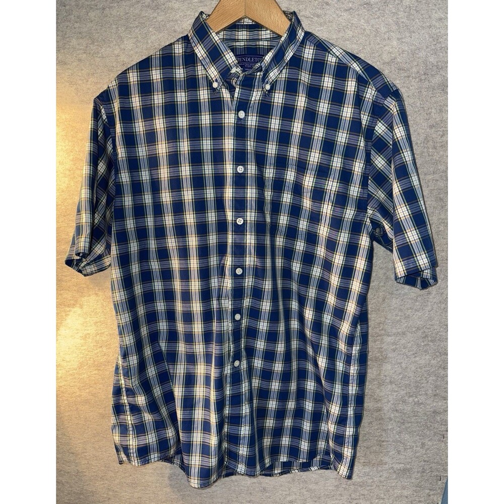 Pendleton Men's Shirt Short Sleeve 100% Cotton Plaid Button-Up Large Blue